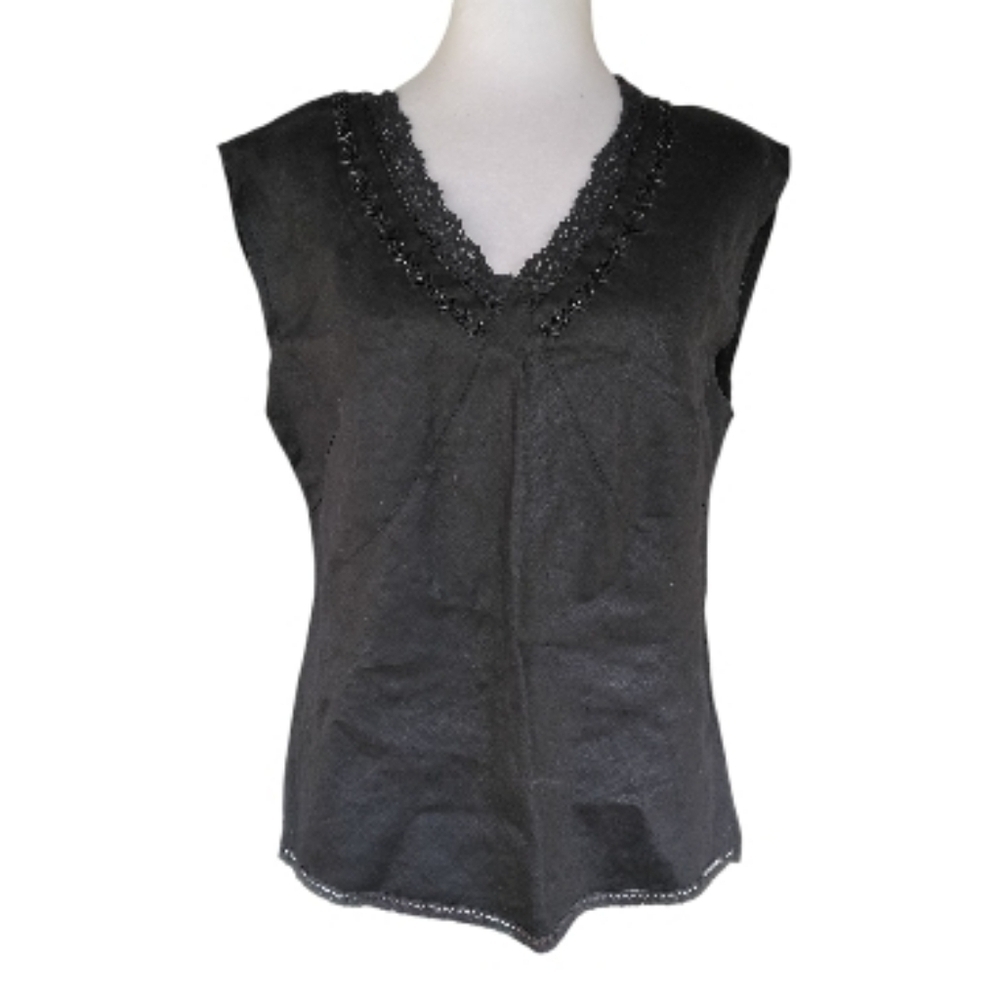 Richard Malcolm Black Babydoll Style Beaded Neck Lace Trim Linen Blouse Large